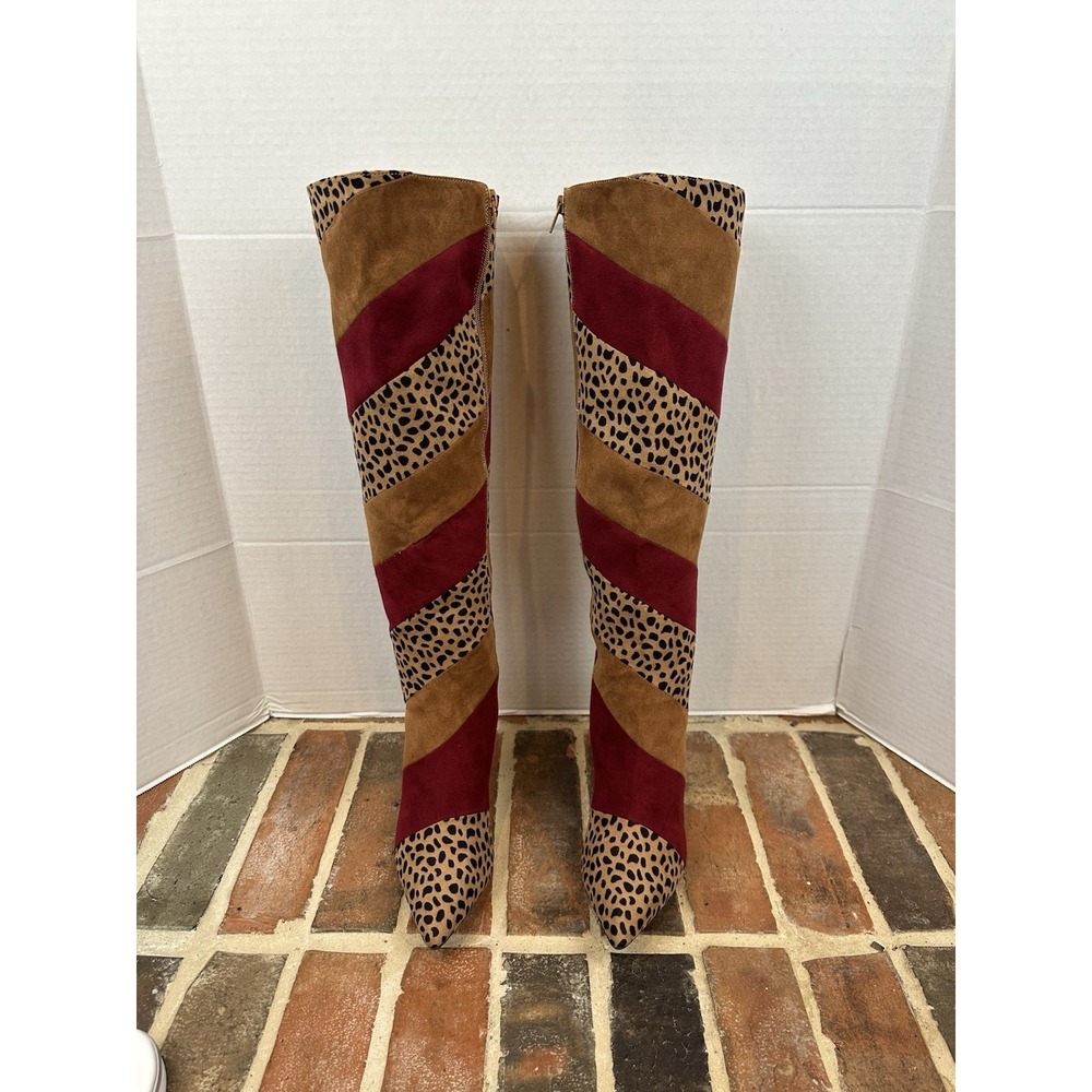 Bamboo Leopard Print Tall Boots Brown Burgundy High Heel Pointy Toe Women's 9 - Picture 2 of 7